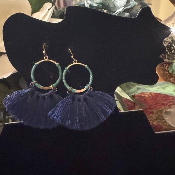 Blue and Turquoise Tassel Fan Earrings - Picture 1 of 3